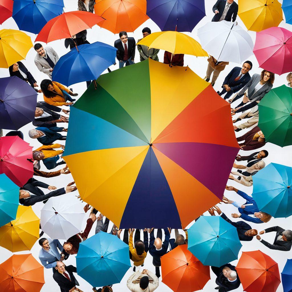 A vibrant, diverse group of people representing different cultures and ages, each holding symbols of protection like shields or umbrellas, standing together in a circular formation. In the background, a colorful city skyline showcases various business buildings, hinting at tailored insurance solutions. The atmosphere is optimistic, conveying unity and celebration of diversity in risk management. super-realistic. vibrant colors. white background.