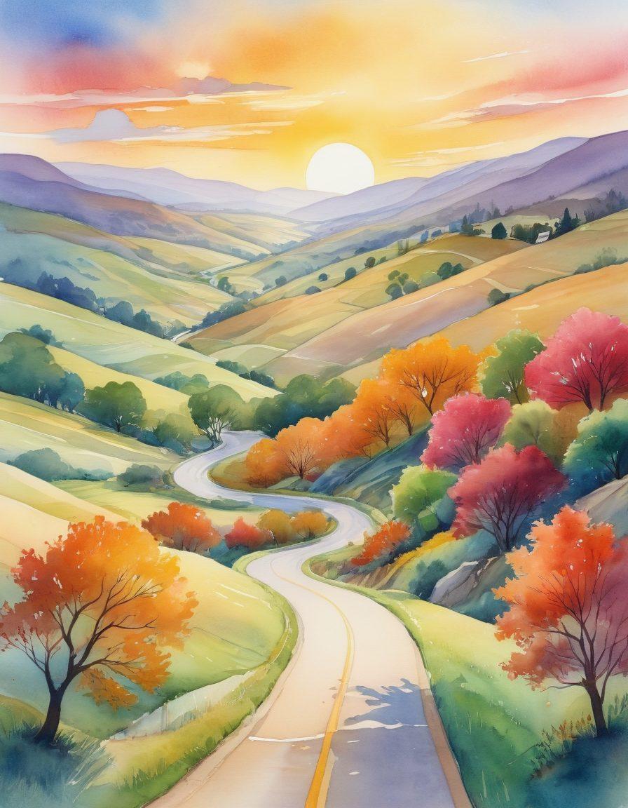 A serene landscape showcasing smooth rolling hills symbolizing different kinds of coverage like health, home, and more. The foreground features a road winding through the hills, representing the journey of empowerment and understanding. Colorful trees symbolizing diversity line the pathway, and a bright sun casts a warm, uplifting light over the scene. Include subtle icons representing health and home along the hillsides. vibrant colors. watercolor style.