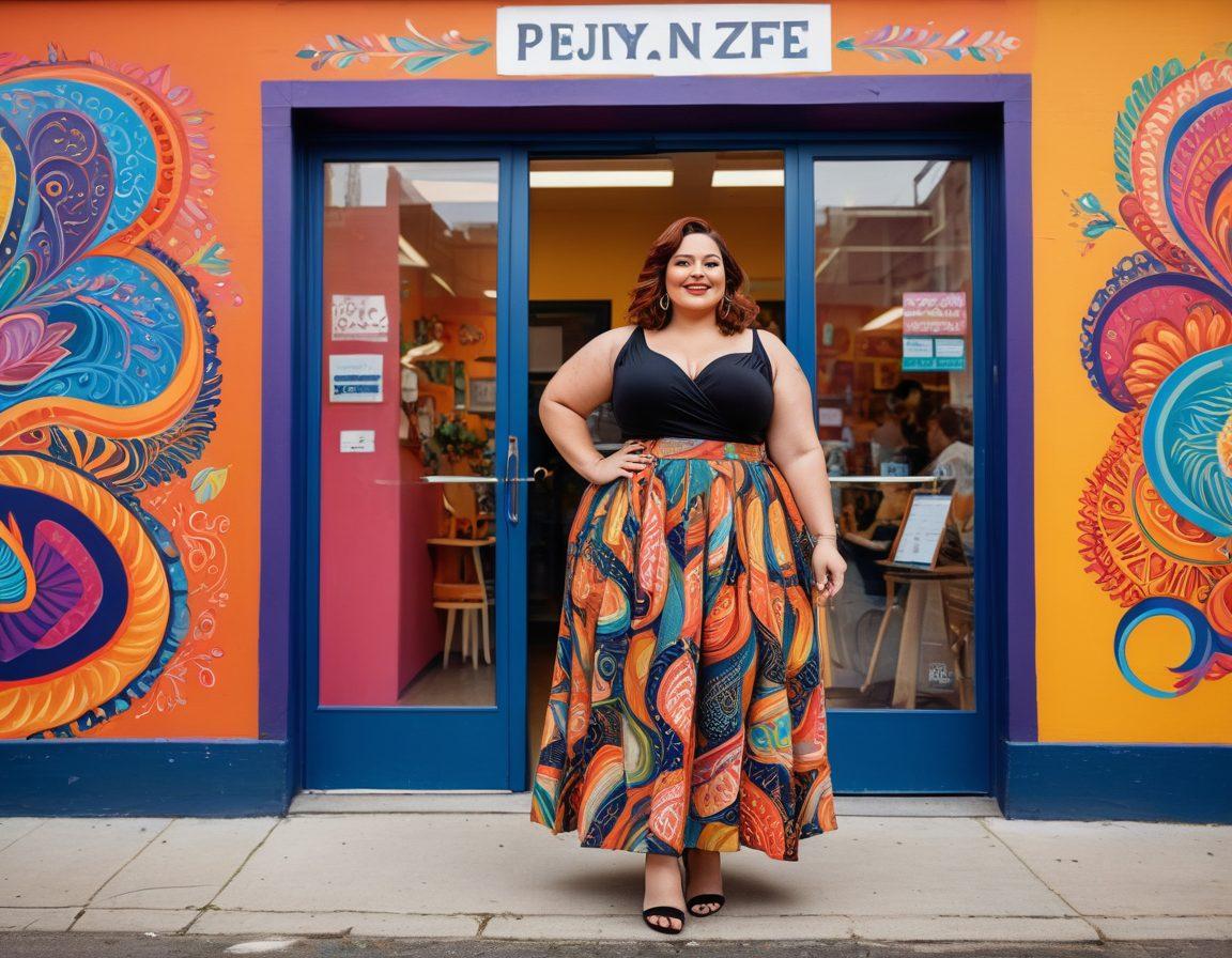A confident plus-size woman wearing a stylish outfit, standing boldly in front of a colorful insurance office, surrounded by diverse individuals of different sizes and ethnicities engaged in discussion. The background features vibrant murals celebrating body positivity and diversity, with an emphasis on empowerment. The scene conveys a sense of community, support, and celebration of curves. super-realistic. vibrant colors. 3D.